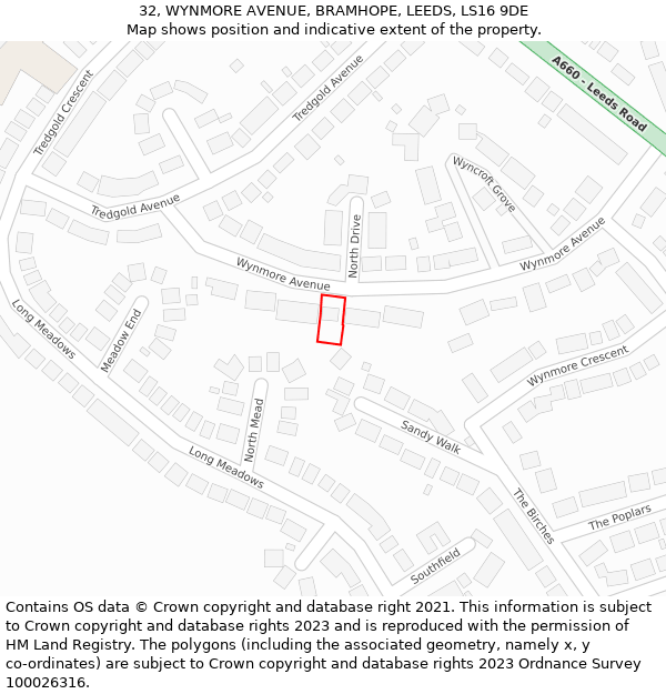 32, WYNMORE AVENUE, BRAMHOPE, LEEDS, LS16 9DE: Location map and indicative extent of plot