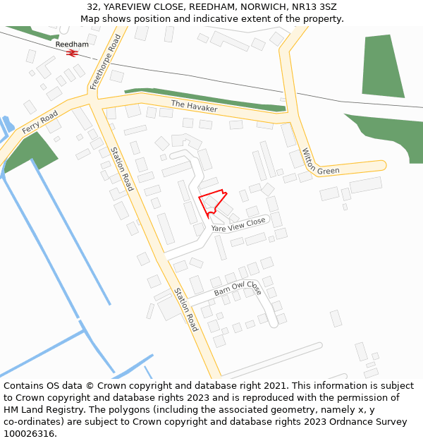 32, YAREVIEW CLOSE, REEDHAM, NORWICH, NR13 3SZ: Location map and indicative extent of plot