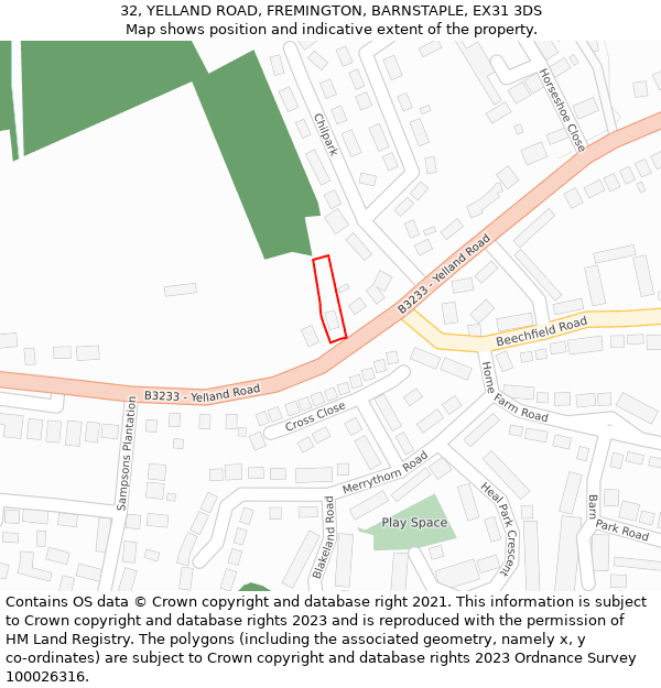 32, YELLAND ROAD, FREMINGTON, BARNSTAPLE, EX31 3DS: Location map and indicative extent of plot