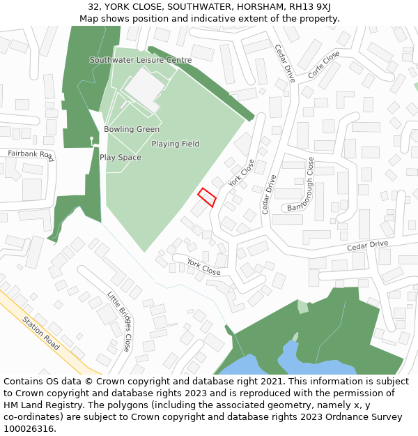 32, YORK CLOSE, SOUTHWATER, HORSHAM, RH13 9XJ: Location map and indicative extent of plot