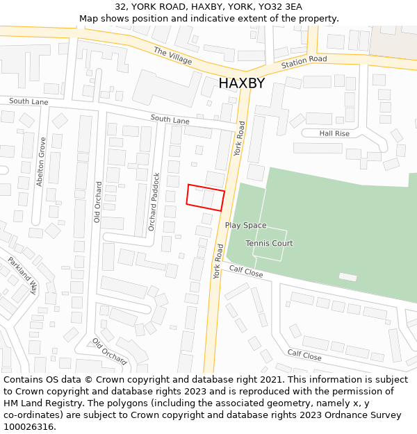 32, YORK ROAD, HAXBY, YORK, YO32 3EA: Location map and indicative extent of plot