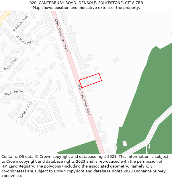 320, CANTERBURY ROAD, DENSOLE, FOLKESTONE, CT18 7BB: Location map and indicative extent of plot
