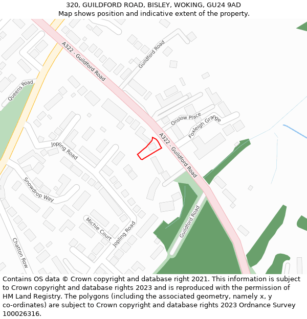 320, GUILDFORD ROAD, BISLEY, WOKING, GU24 9AD: Location map and indicative extent of plot