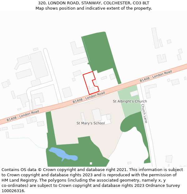 320, LONDON ROAD, STANWAY, COLCHESTER, CO3 8LT: Location map and indicative extent of plot