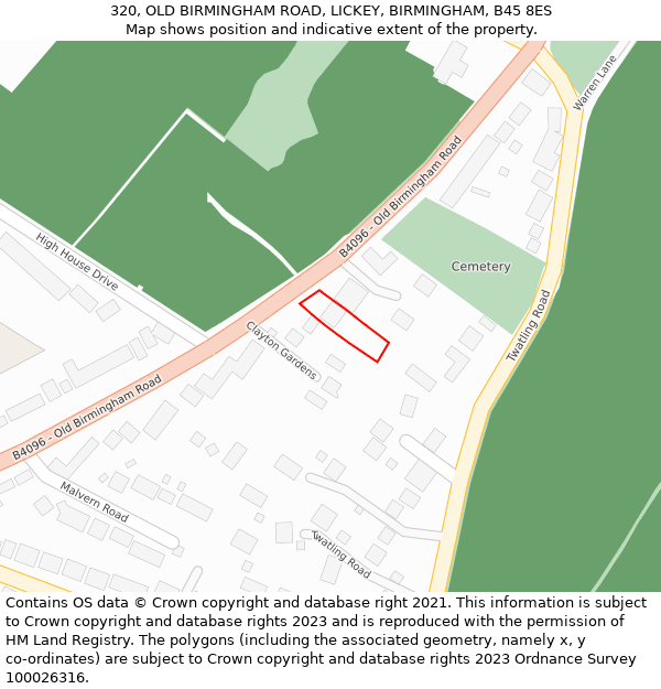 320, OLD BIRMINGHAM ROAD, LICKEY, BIRMINGHAM, B45 8ES: Location map and indicative extent of plot