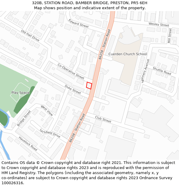 320B, STATION ROAD, BAMBER BRIDGE, PRESTON, PR5 6EH: Location map and indicative extent of plot