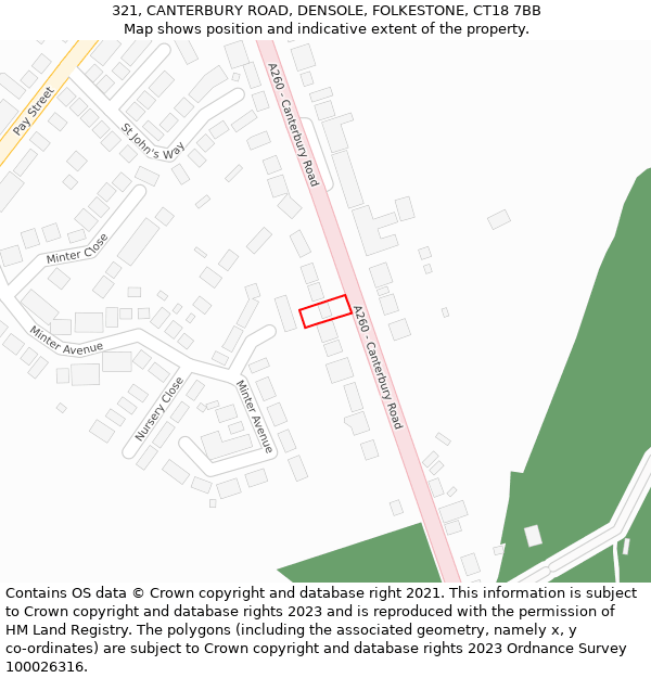 321, CANTERBURY ROAD, DENSOLE, FOLKESTONE, CT18 7BB: Location map and indicative extent of plot