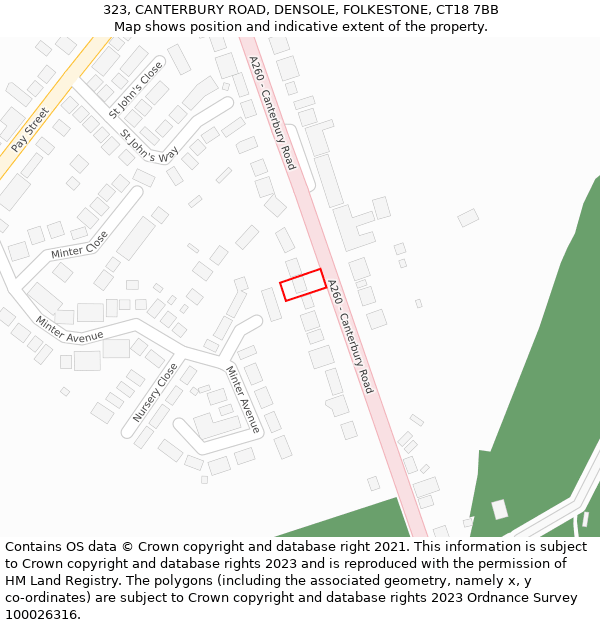 323, CANTERBURY ROAD, DENSOLE, FOLKESTONE, CT18 7BB: Location map and indicative extent of plot