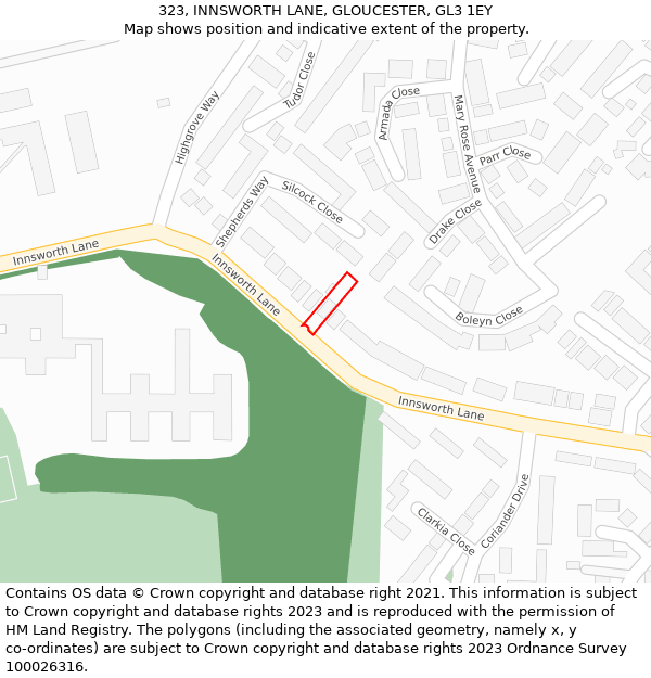 323, INNSWORTH LANE, GLOUCESTER, GL3 1EY: Location map and indicative extent of plot