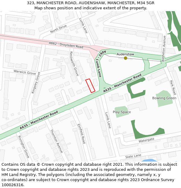 323, MANCHESTER ROAD, AUDENSHAW, MANCHESTER, M34 5GR: Location map and indicative extent of plot