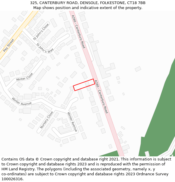 325, CANTERBURY ROAD, DENSOLE, FOLKESTONE, CT18 7BB: Location map and indicative extent of plot