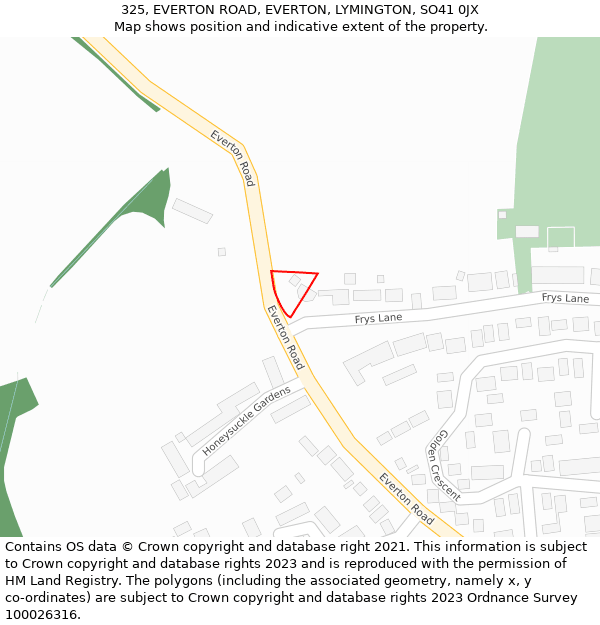 325, EVERTON ROAD, EVERTON, LYMINGTON, SO41 0JX: Location map and indicative extent of plot