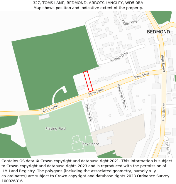 327, TOMS LANE, BEDMOND, ABBOTS LANGLEY, WD5 0RA: Location map and indicative extent of plot