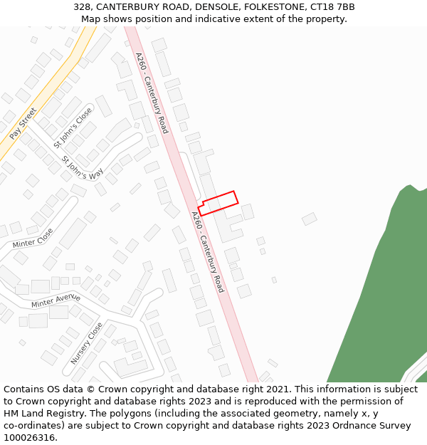 328, CANTERBURY ROAD, DENSOLE, FOLKESTONE, CT18 7BB: Location map and indicative extent of plot