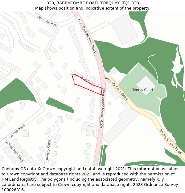 329, BABBACOMBE ROAD, TORQUAY, TQ1 3TB: Location map and indicative extent of plot