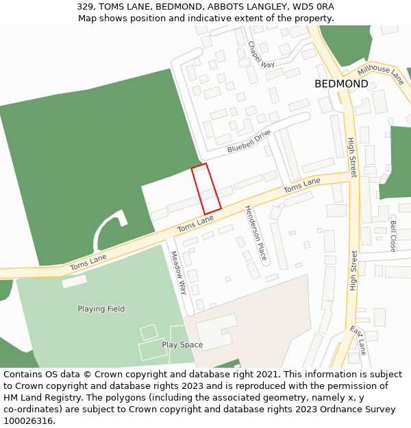 329, TOMS LANE, BEDMOND, ABBOTS LANGLEY, WD5 0RA: Location map and indicative extent of plot