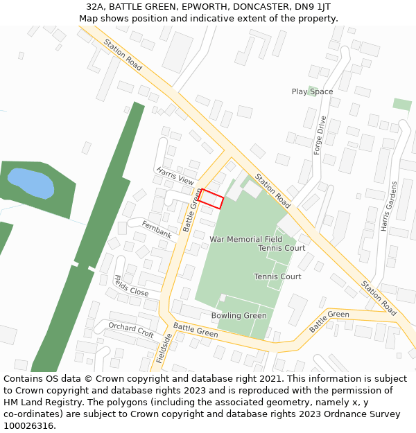 32A, BATTLE GREEN, EPWORTH, DONCASTER, DN9 1JT: Location map and indicative extent of plot