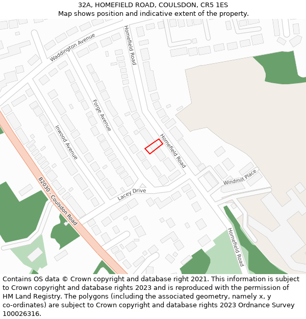 32A, HOMEFIELD ROAD, COULSDON, CR5 1ES: Location map and indicative extent of plot