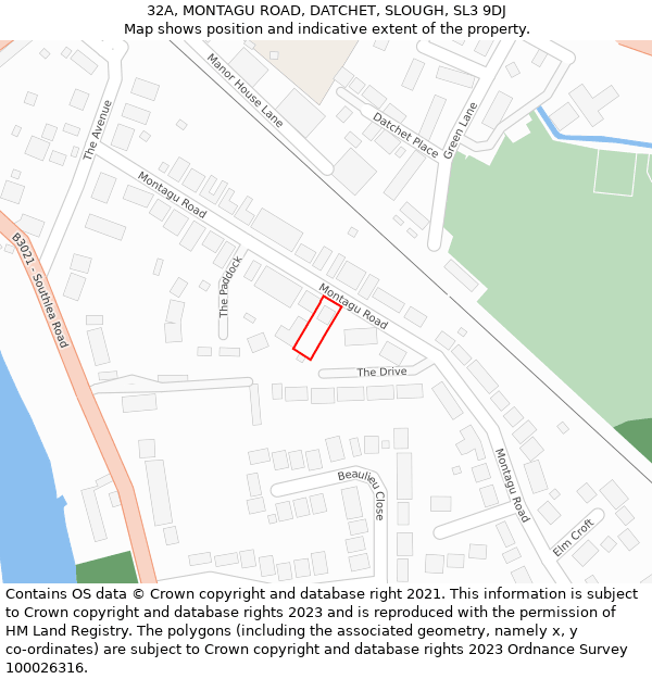 32A, MONTAGU ROAD, DATCHET, SLOUGH, SL3 9DJ: Location map and indicative extent of plot