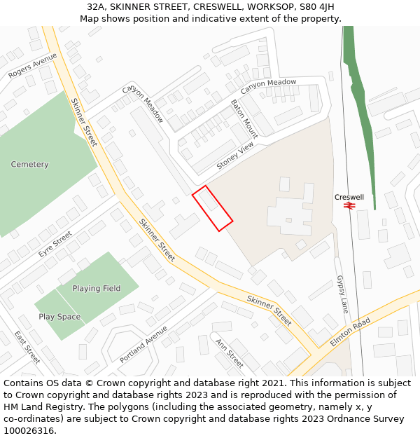 32A, SKINNER STREET, CRESWELL, WORKSOP, S80 4JH: Location map and indicative extent of plot