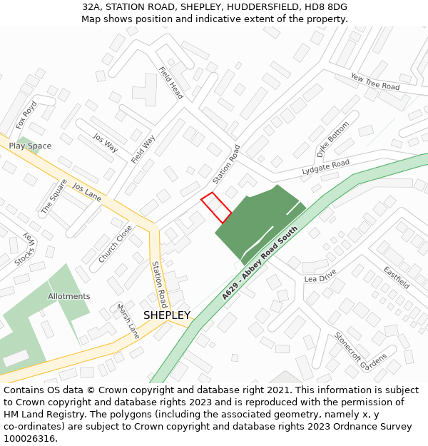 32A, STATION ROAD, SHEPLEY, HUDDERSFIELD, HD8 8DG: Location map and indicative extent of plot