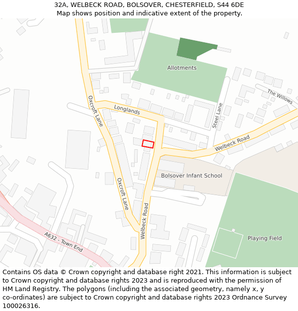 32A, WELBECK ROAD, BOLSOVER, CHESTERFIELD, S44 6DE: Location map and indicative extent of plot