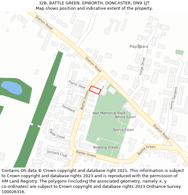 32B, BATTLE GREEN, EPWORTH, DONCASTER, DN9 1JT: Location map and indicative extent of plot