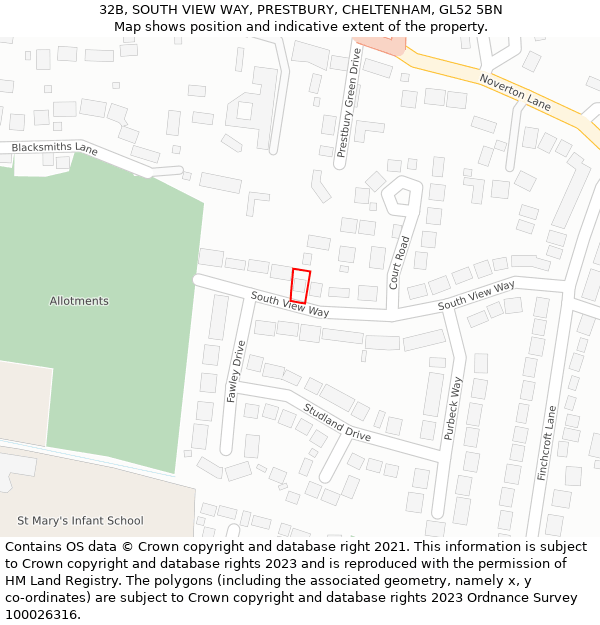 32B, SOUTH VIEW WAY, PRESTBURY, CHELTENHAM, GL52 5BN: Location map and indicative extent of plot