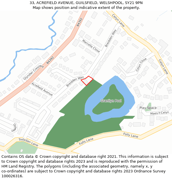 33, ACREFIELD AVENUE, GUILSFIELD, WELSHPOOL, SY21 9PN: Location map and indicative extent of plot