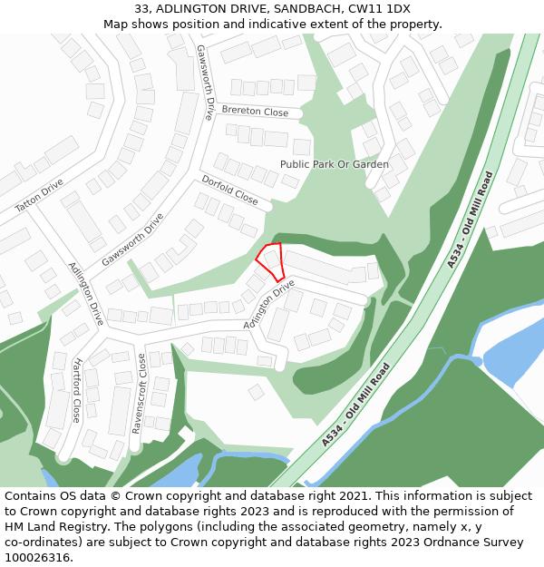 33, ADLINGTON DRIVE, SANDBACH, CW11 1DX: Location map and indicative extent of plot