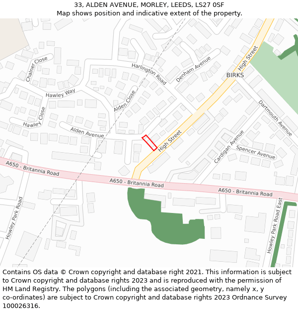 33, ALDEN AVENUE, MORLEY, LEEDS, LS27 0SF: Location map and indicative extent of plot