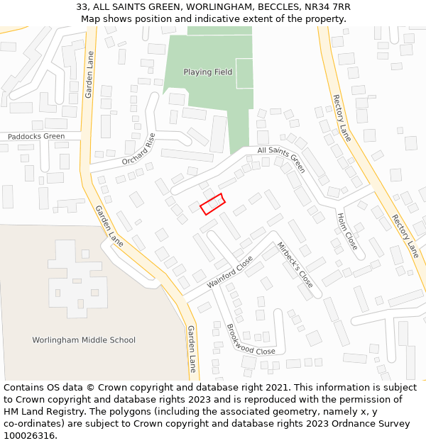 33, ALL SAINTS GREEN, WORLINGHAM, BECCLES, NR34 7RR: Location map and indicative extent of plot