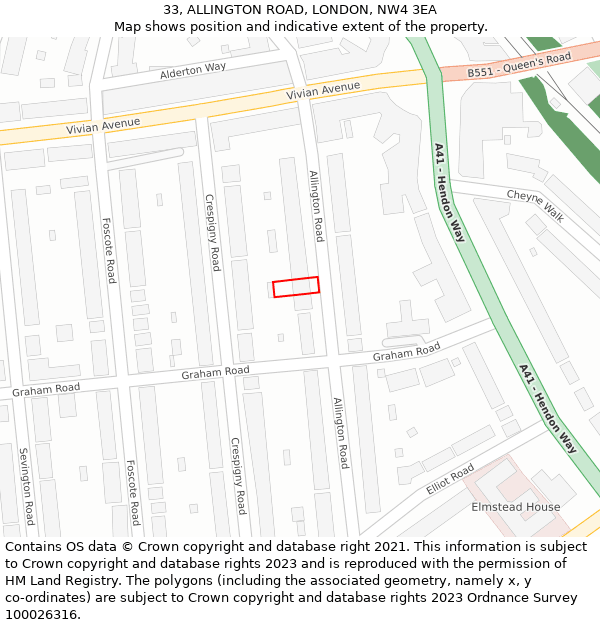33, ALLINGTON ROAD, LONDON, NW4 3EA: Location map and indicative extent of plot