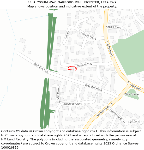 33, ALYSSUM WAY, NARBOROUGH, LEICESTER, LE19 3WP: Location map and indicative extent of plot