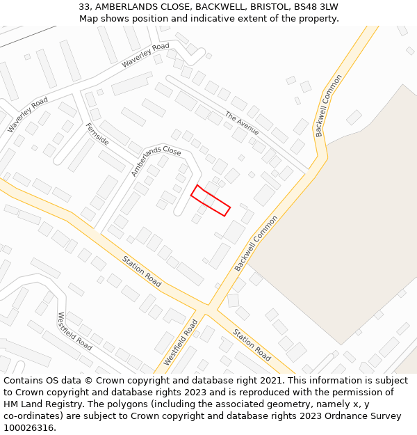 33, AMBERLANDS CLOSE, BACKWELL, BRISTOL, BS48 3LW: Location map and indicative extent of plot