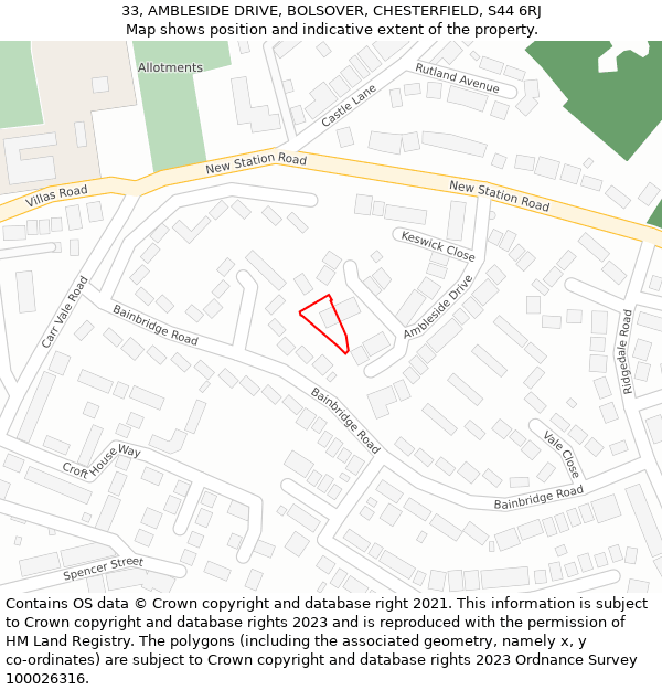 33, AMBLESIDE DRIVE, BOLSOVER, CHESTERFIELD, S44 6RJ: Location map and indicative extent of plot