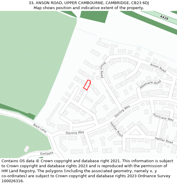 33, ANSON ROAD, UPPER CAMBOURNE, CAMBRIDGE, CB23 6DJ: Location map and indicative extent of plot