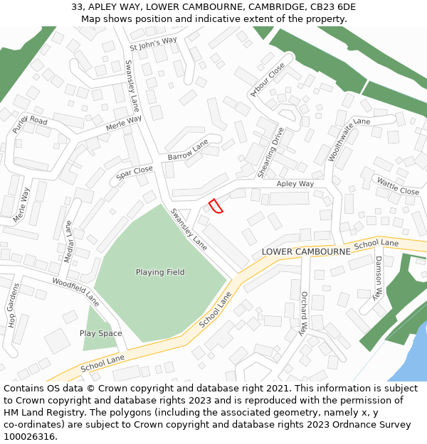 33, APLEY WAY, LOWER CAMBOURNE, CAMBRIDGE, CB23 6DE: Location map and indicative extent of plot