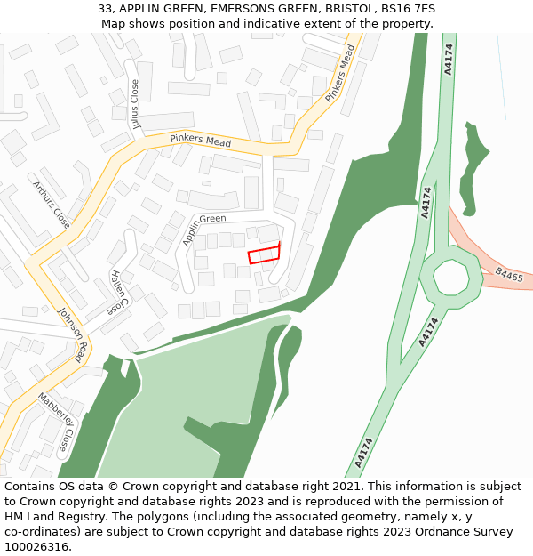 33, APPLIN GREEN, EMERSONS GREEN, BRISTOL, BS16 7ES: Location map and indicative extent of plot