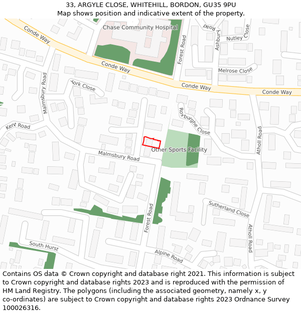 33, ARGYLE CLOSE, WHITEHILL, BORDON, GU35 9PU: Location map and indicative extent of plot