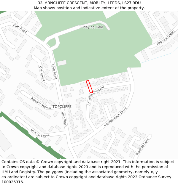 33, ARNCLIFFE CRESCENT, MORLEY, LEEDS, LS27 9DU: Location map and indicative extent of plot