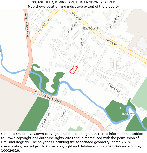 33, ASHFIELD, KIMBOLTON, HUNTINGDON, PE28 0LD: Location map and indicative extent of plot