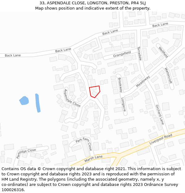 33, ASPENDALE CLOSE, LONGTON, PRESTON, PR4 5LJ: Location map and indicative extent of plot