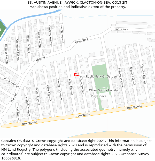 33, AUSTIN AVENUE, JAYWICK, CLACTON-ON-SEA, CO15 2JT: Location map and indicative extent of plot