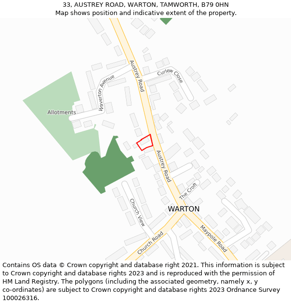 33, AUSTREY ROAD, WARTON, TAMWORTH, B79 0HN: Location map and indicative extent of plot