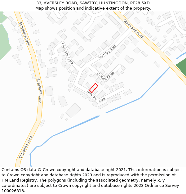 33, AVERSLEY ROAD, SAWTRY, HUNTINGDON, PE28 5XD: Location map and indicative extent of plot