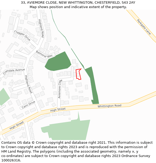 33, AVIEMORE CLOSE, NEW WHITTINGTON, CHESTERFIELD, S43 2AY: Location map and indicative extent of plot