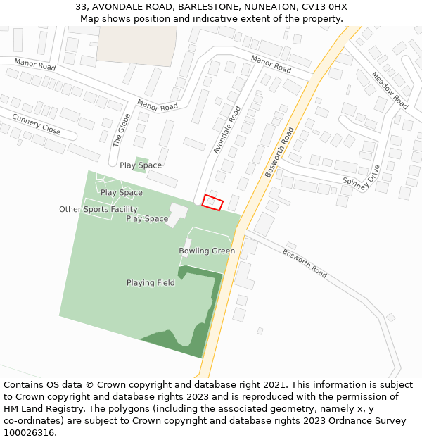 33, AVONDALE ROAD, BARLESTONE, NUNEATON, CV13 0HX: Location map and indicative extent of plot