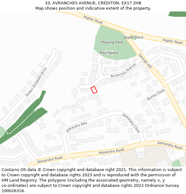 33, AVRANCHES AVENUE, CREDITON, EX17 2HB: Location map and indicative extent of plot