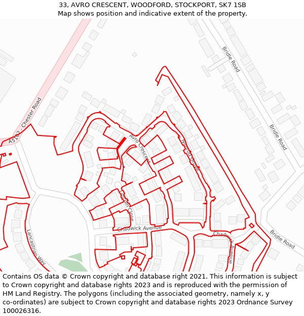 33, AVRO CRESCENT, WOODFORD, STOCKPORT, SK7 1SB: Location map and indicative extent of plot